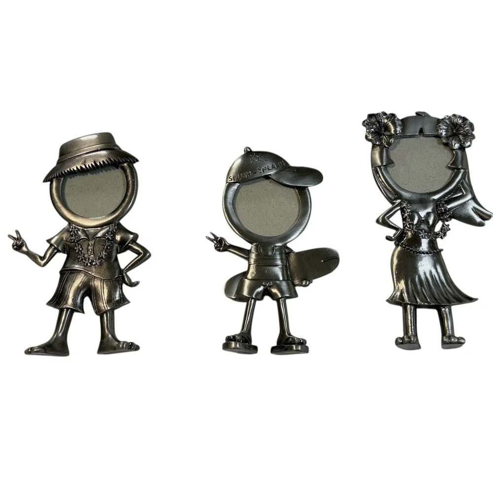 Tropical Hawaiian Figurine Photo Frame Set of 3 Silver Pewter Tone Beach‎ Hula